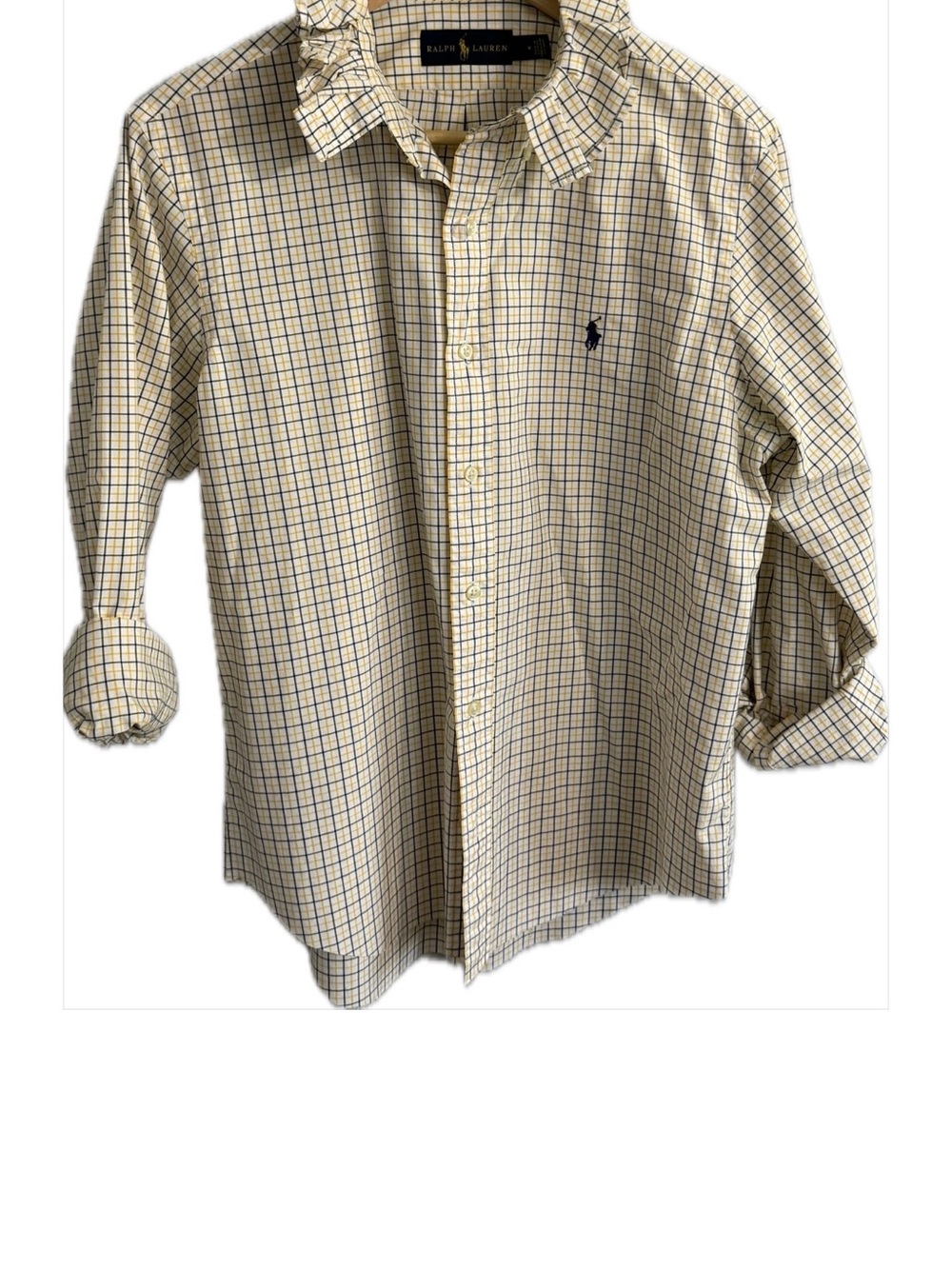 Ralph Lauren used men medium shirt has transformed to women’s ruffle neck shirt